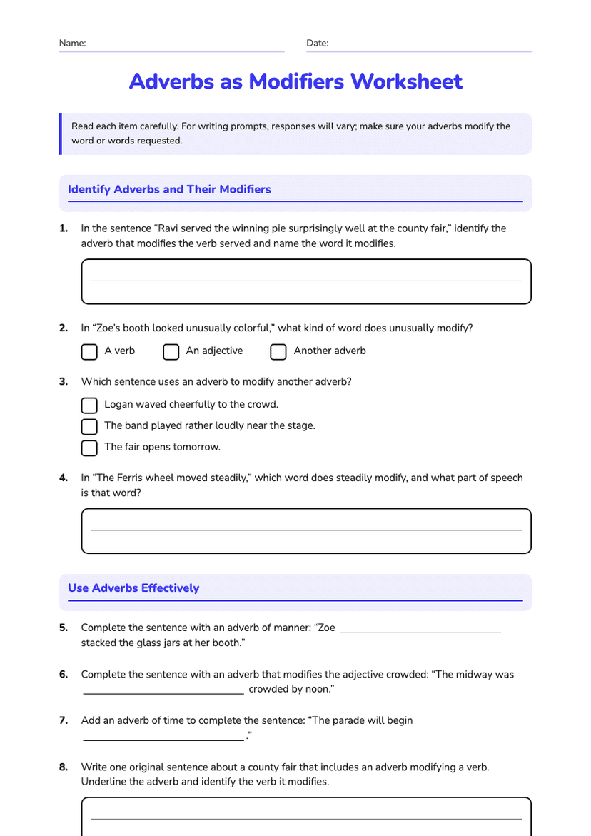Adverbs as Modifiers Worksheet