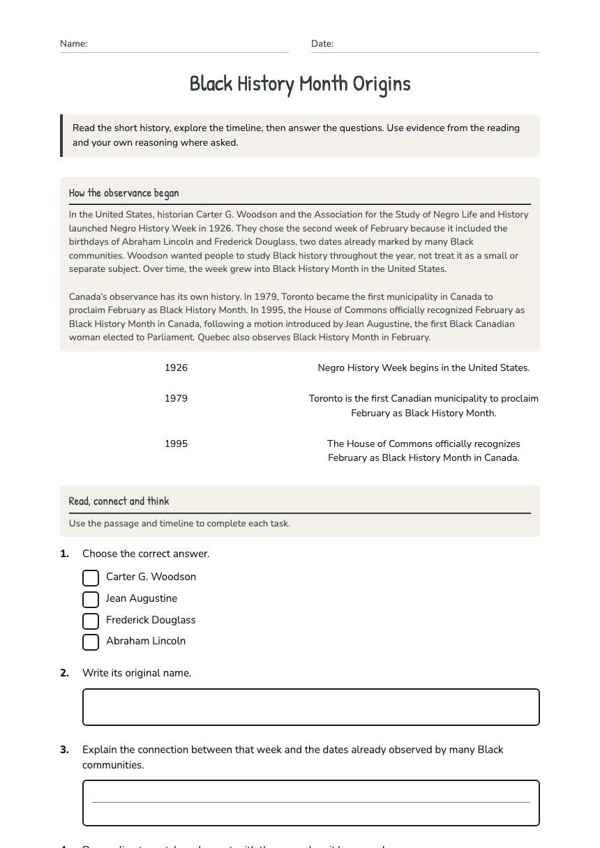 Black History Month Origins worksheet preview
