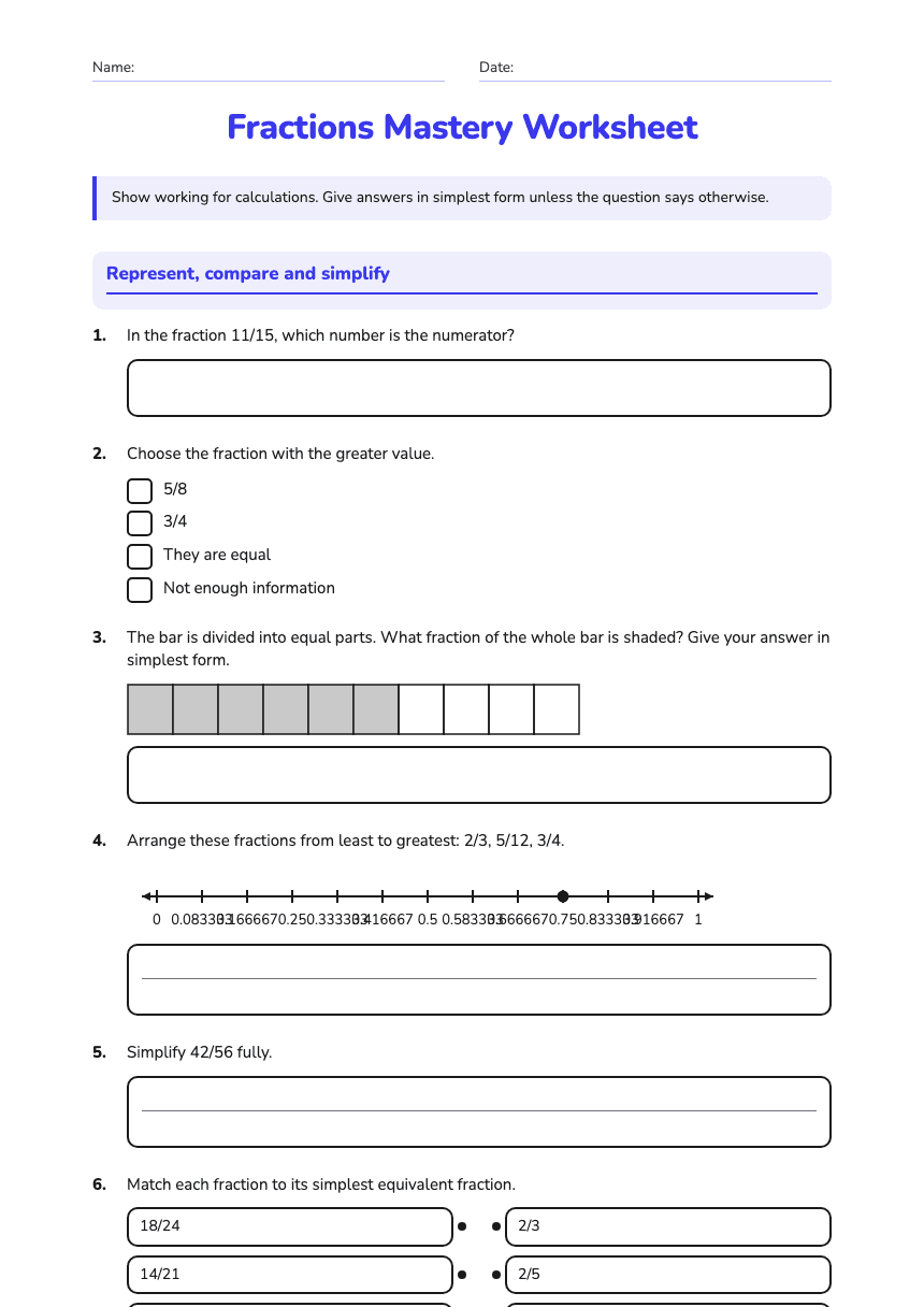 Fractions Mastery Worksheet worksheet preview