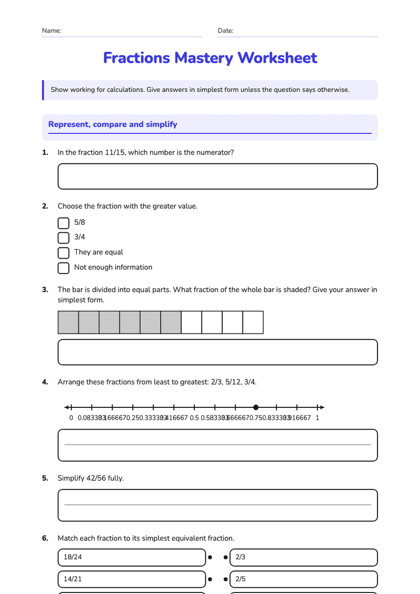 Fractions Mastery Worksheet
