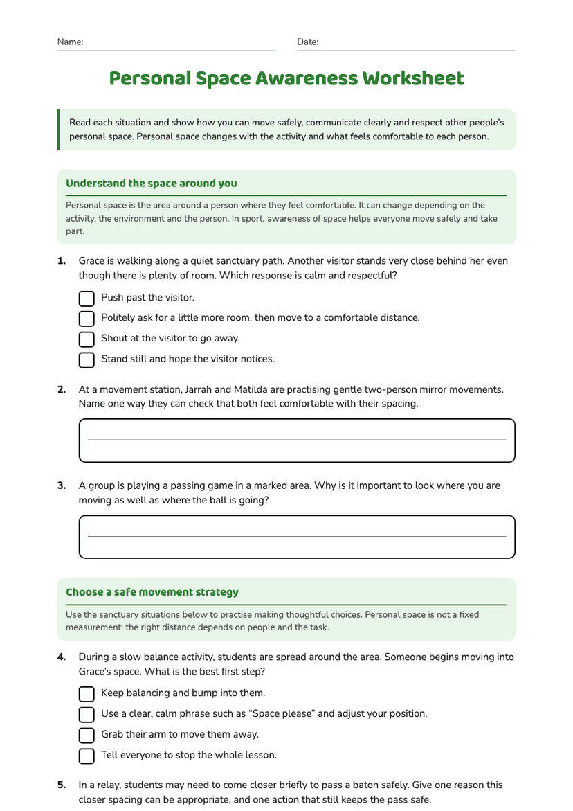 Personal Space Awareness Worksheet