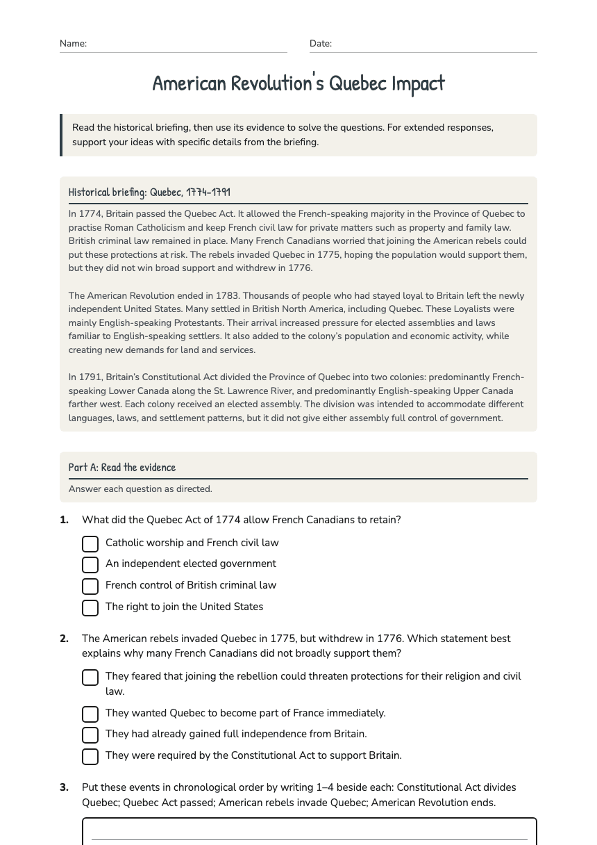 American Revolution's Quebec Impact worksheet preview