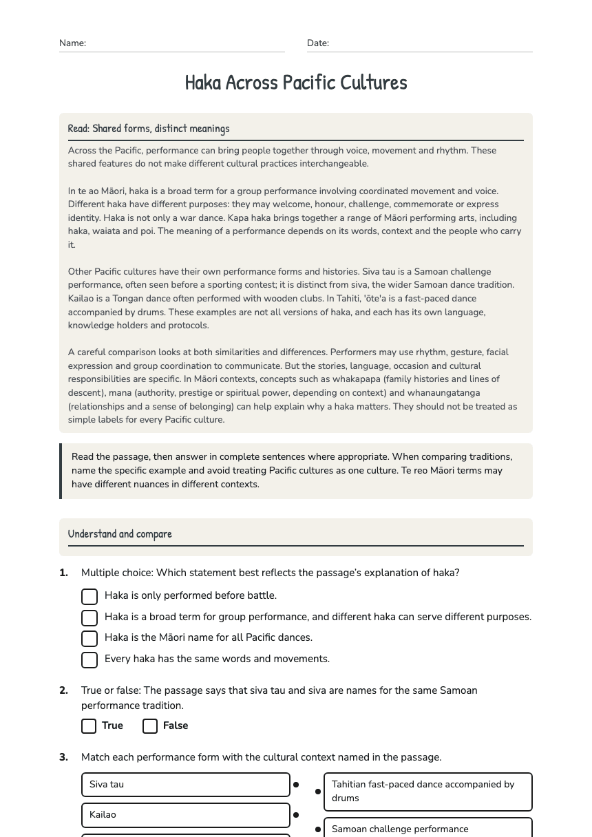 Haka Across Pacific Cultures worksheet preview