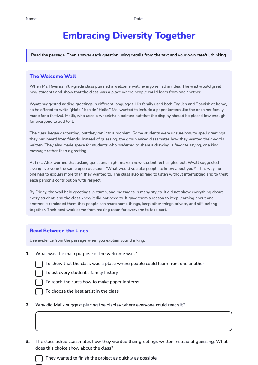 Embracing Diversity Together worksheet preview