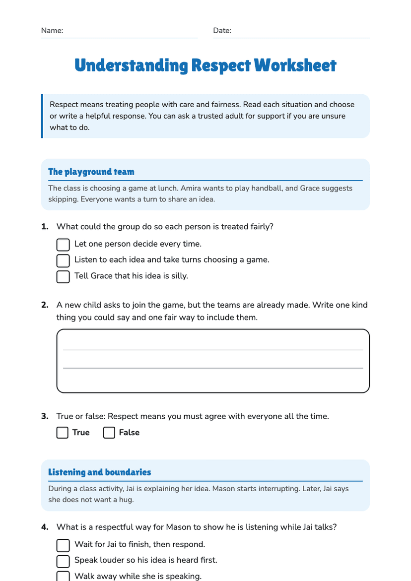 Understanding Respect Worksheet
