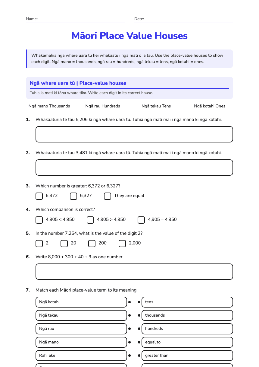 Māori Place Value Houses worksheet preview