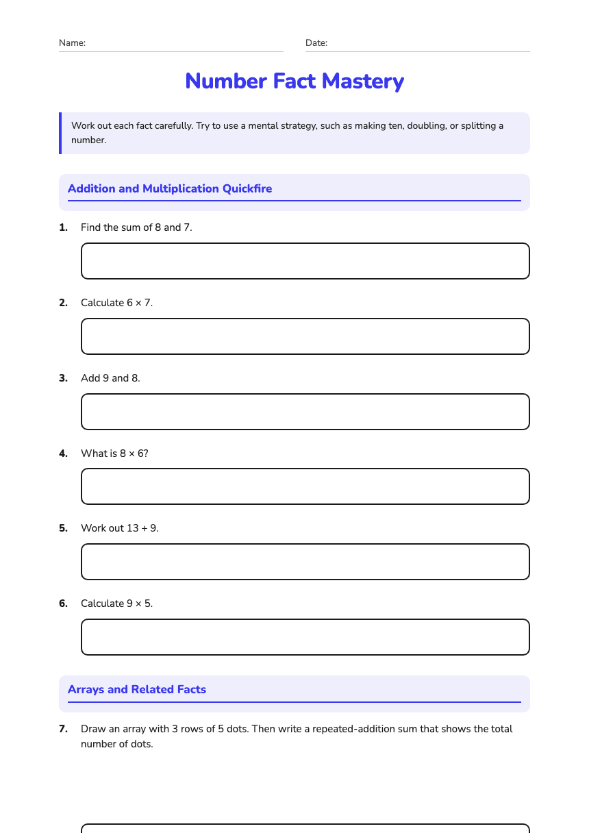 Number Fact Mastery worksheet preview