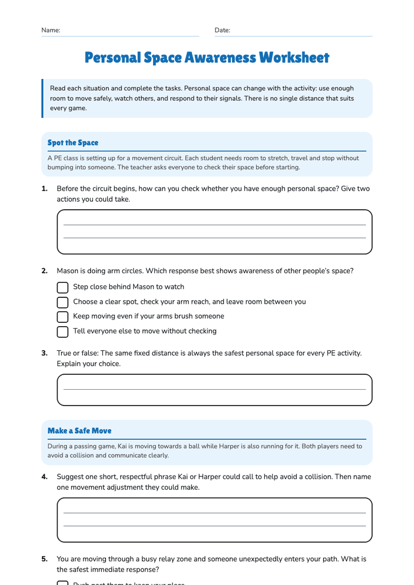 Personal Space Awareness Worksheet