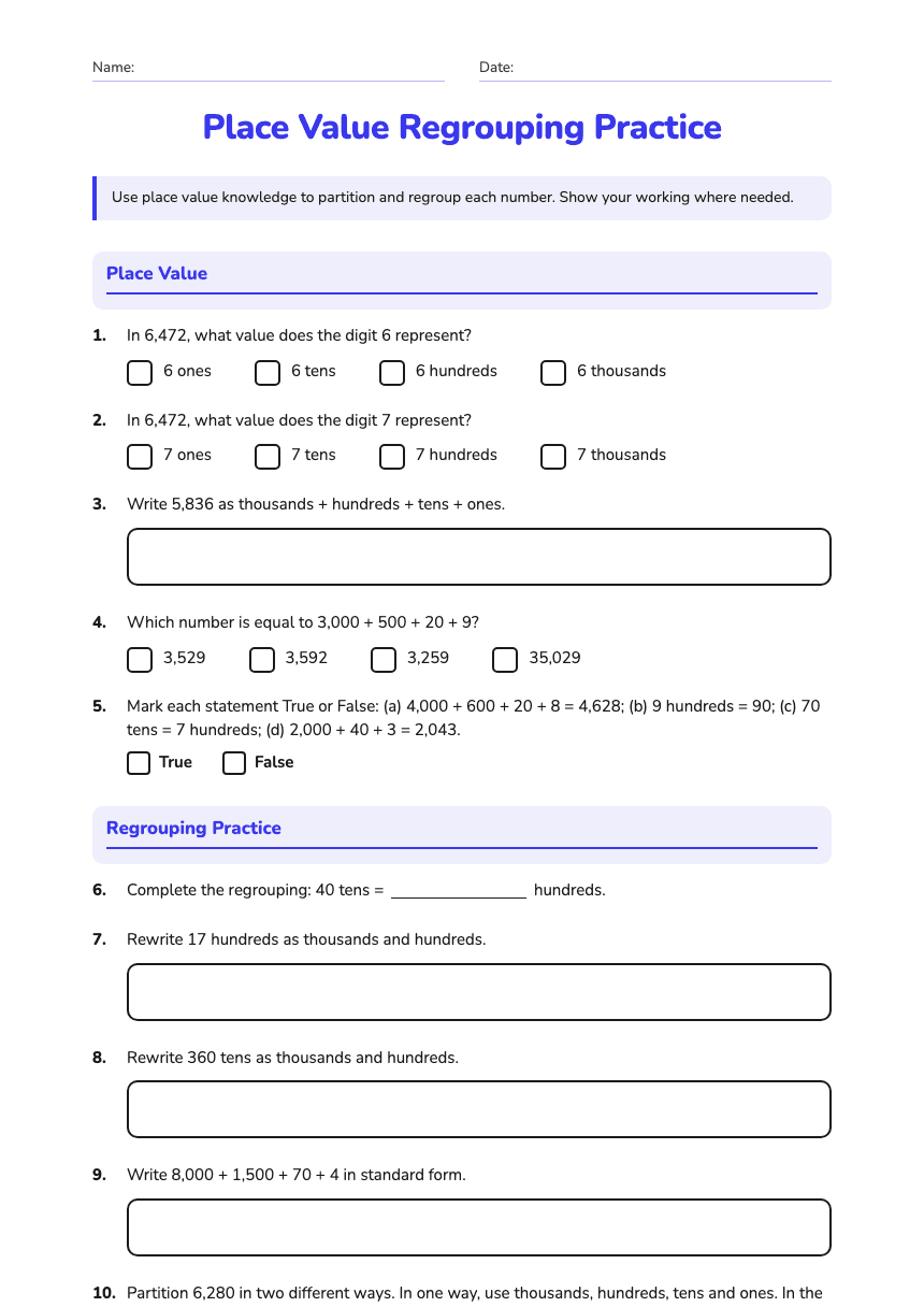 Place Value Regrouping Practice worksheet preview