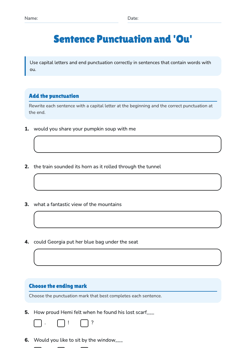 Sentence Punctuation and 'Ou' worksheet preview