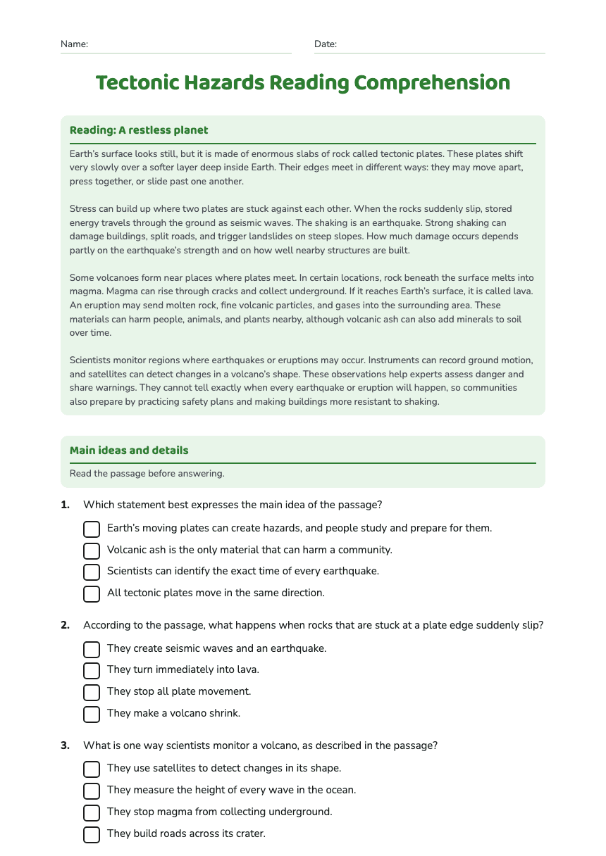 Tectonic Hazards Reading Comprehension worksheet preview