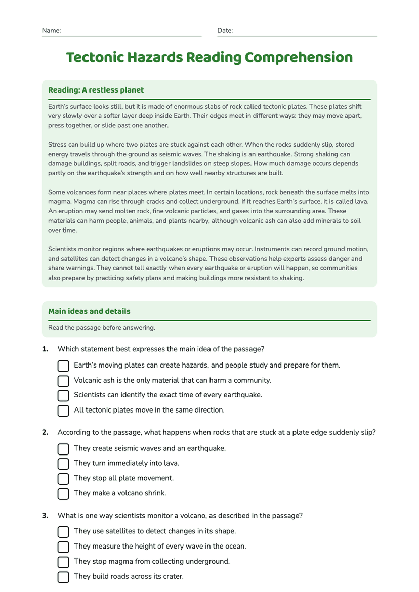 Tectonic Hazards Reading Comprehension