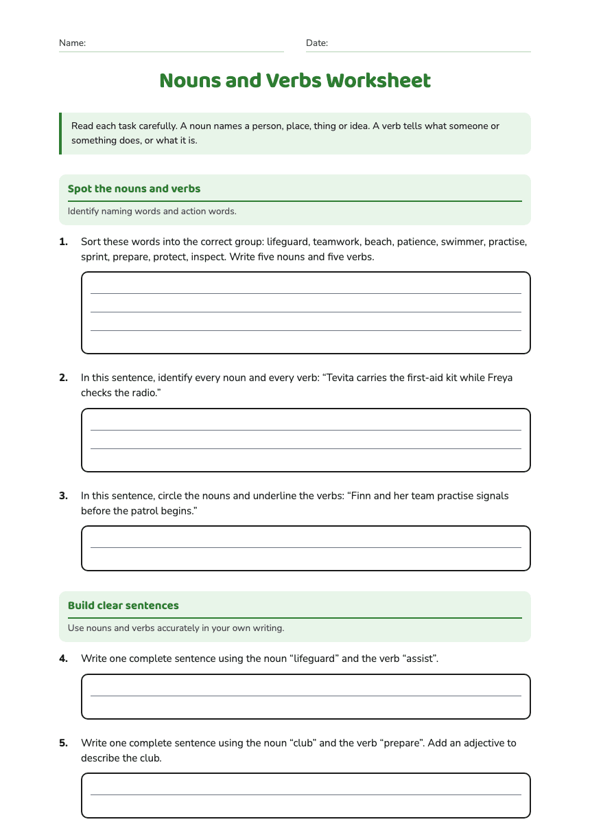 Nouns and Verbs Worksheet worksheet preview