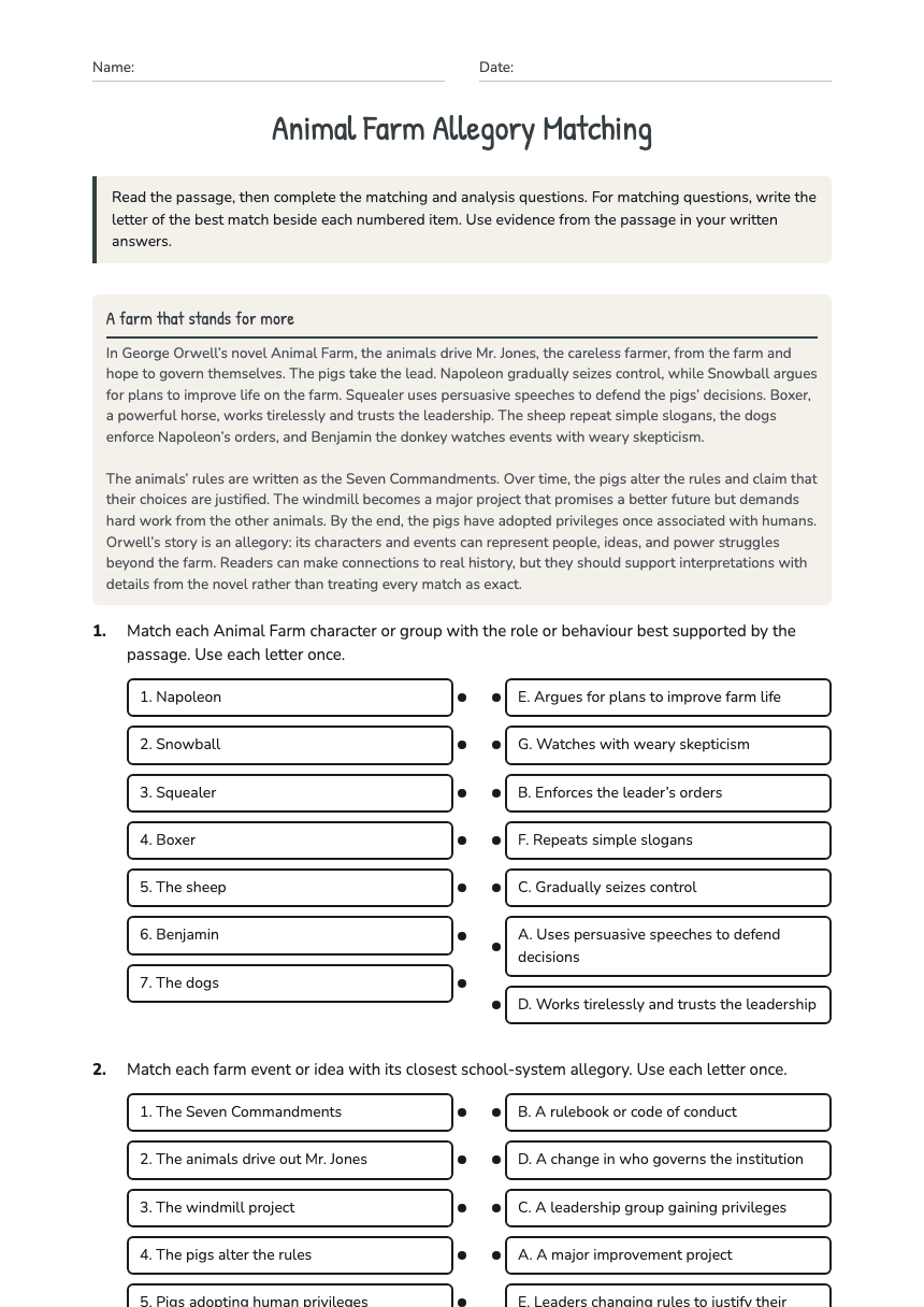 Animal Farm Allegory Matching worksheet preview