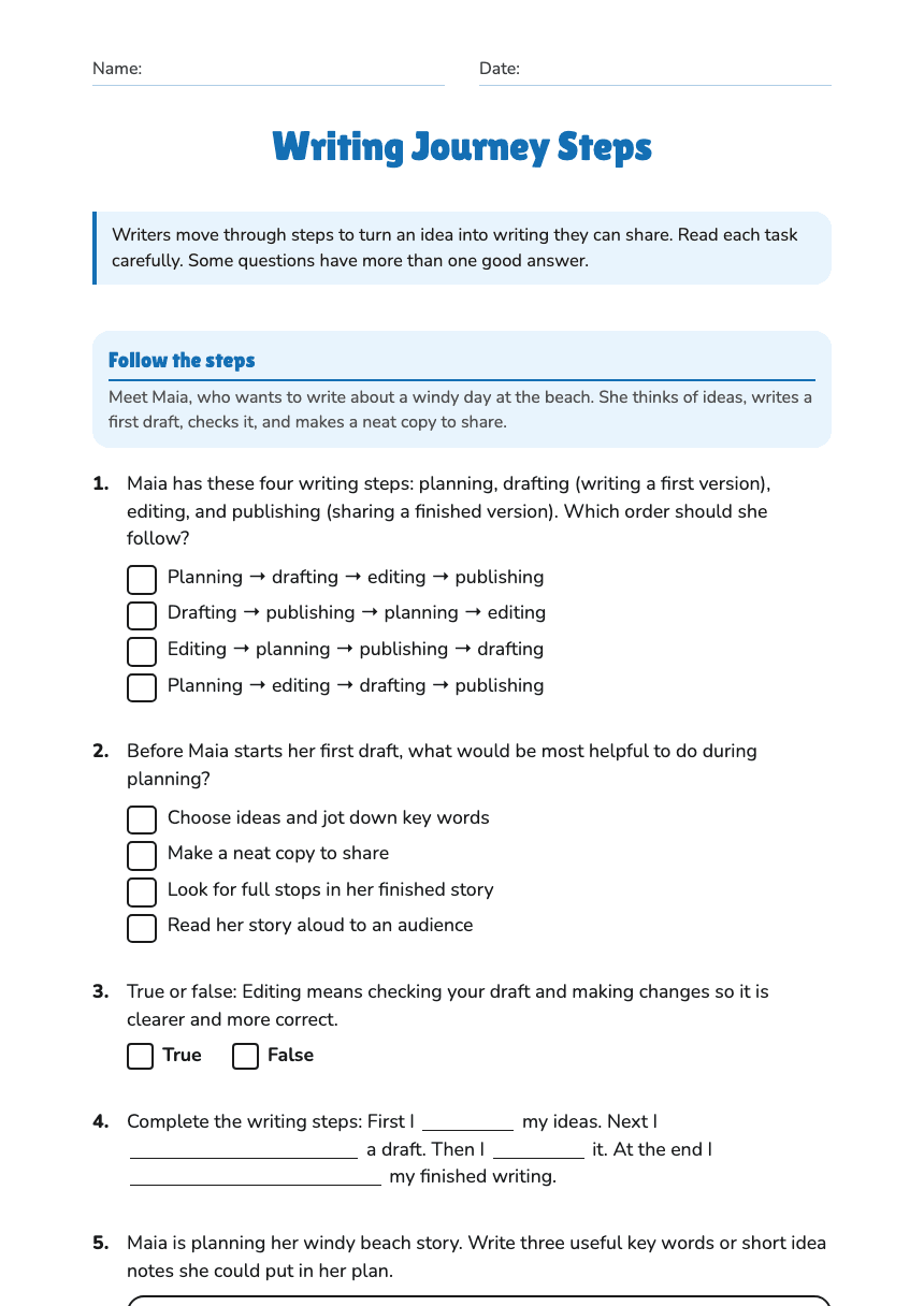 Writing Journey Steps worksheet preview