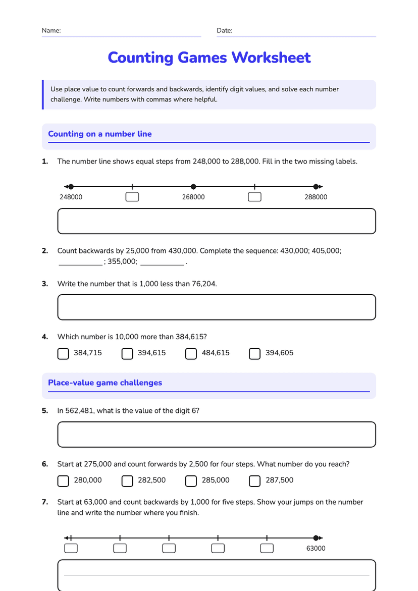Counting Games Worksheet