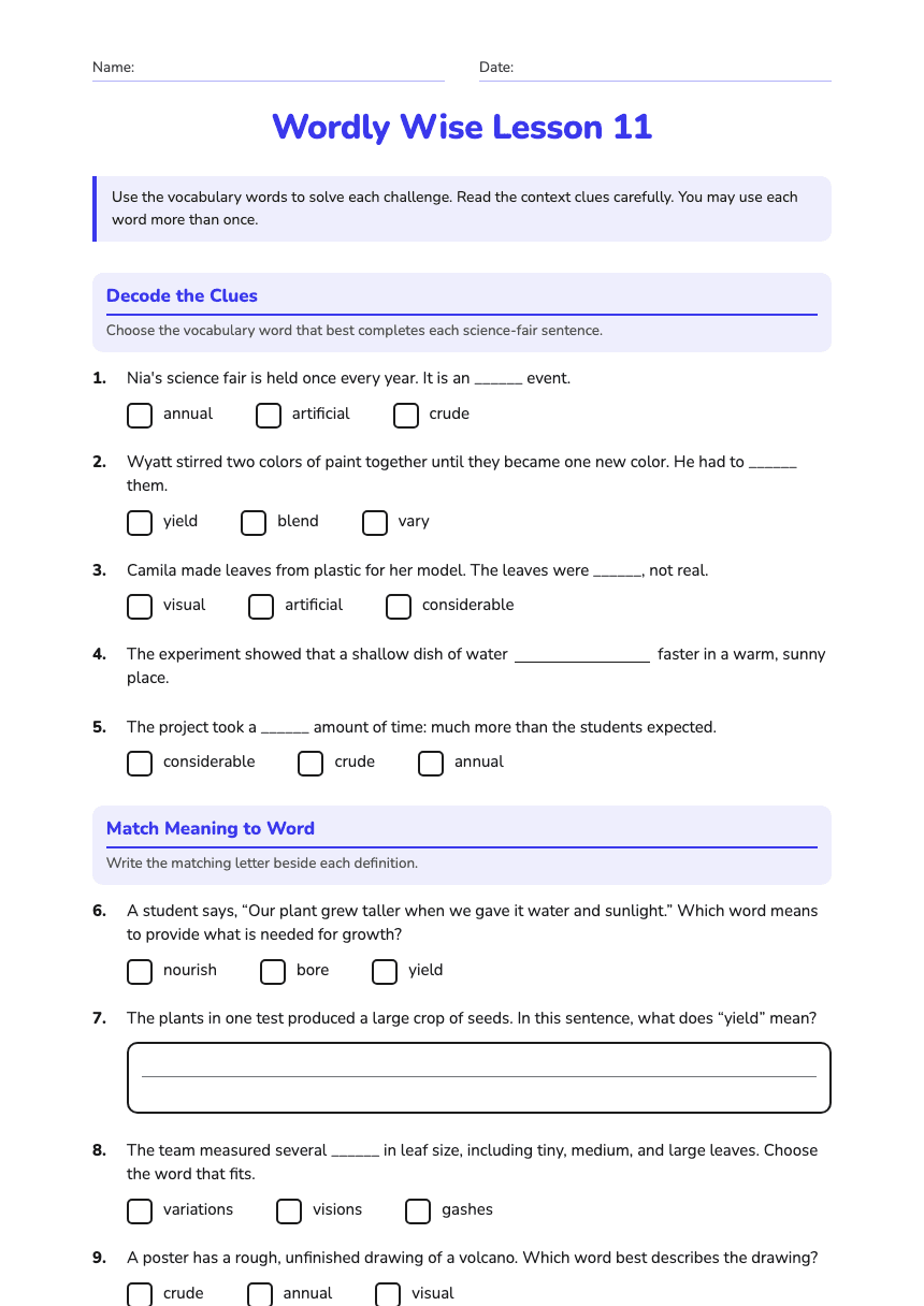 Wordly Wise Lesson 11 worksheet preview