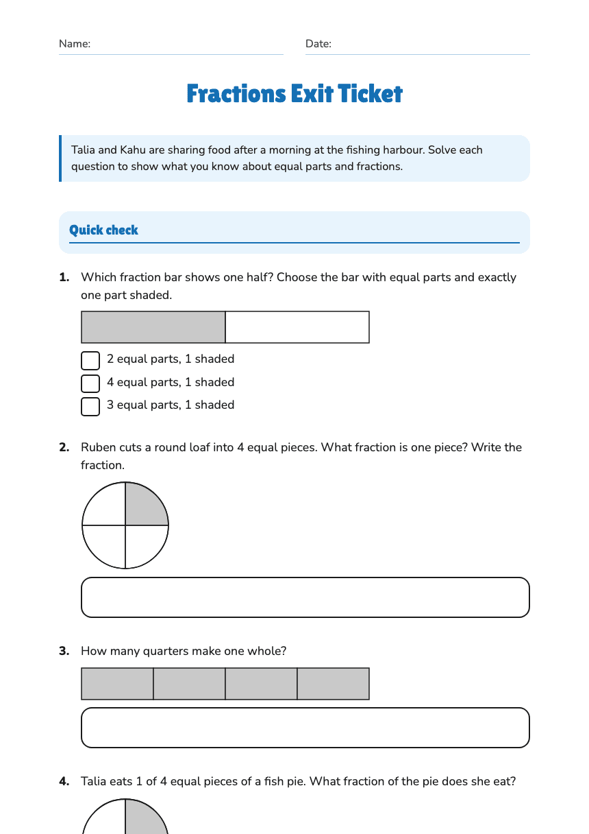 Fractions Exit Ticket worksheet preview