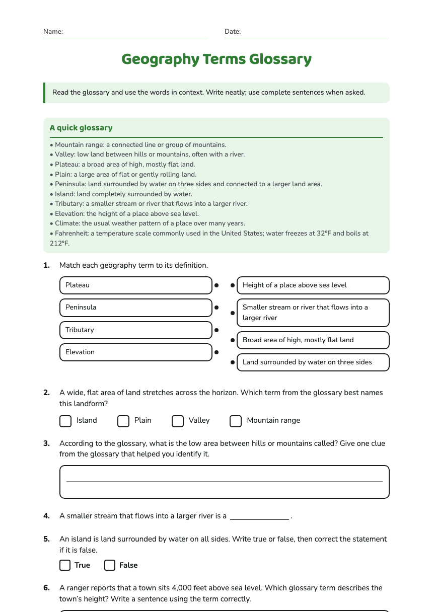 Geography Terms Glossary worksheet preview