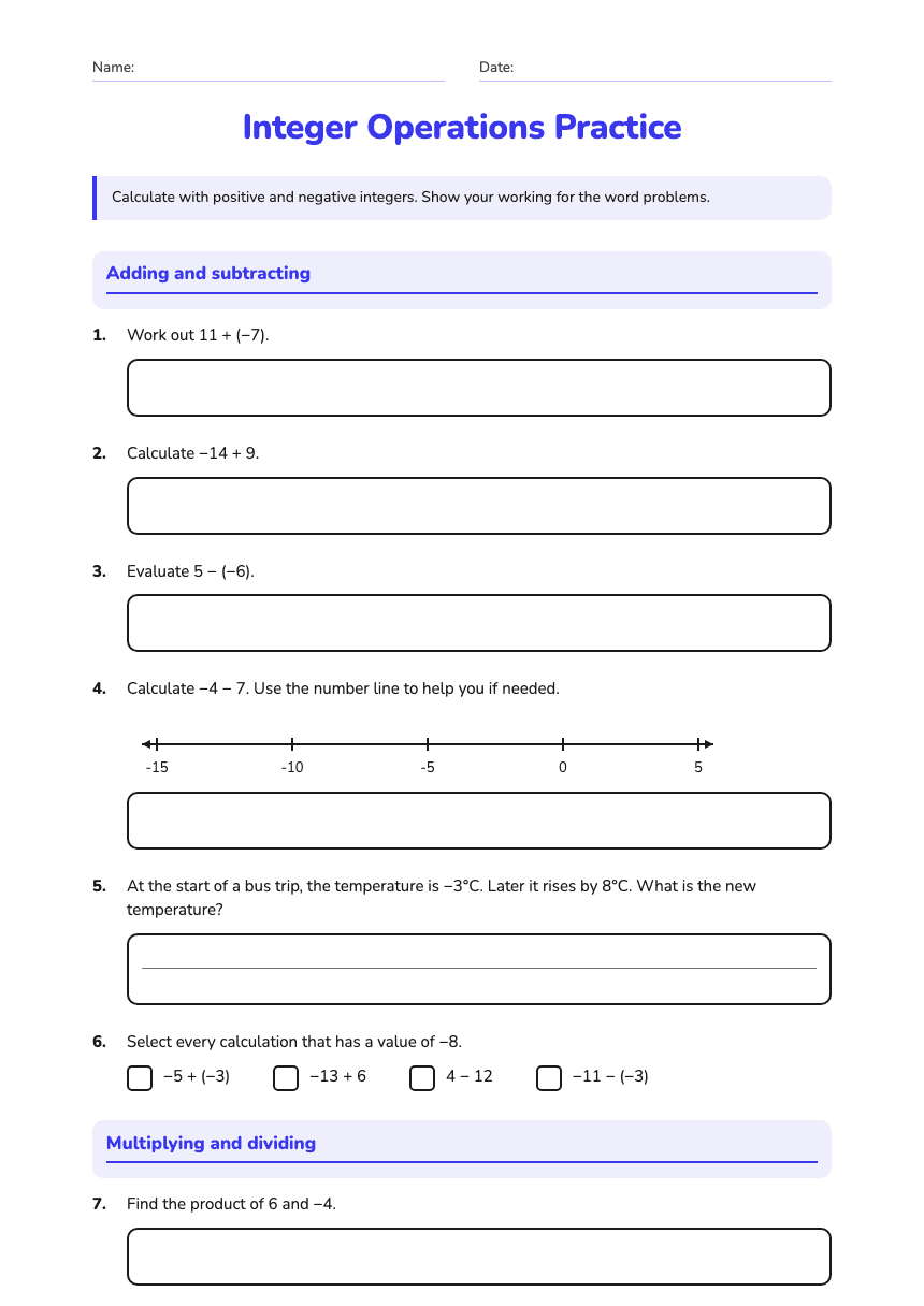 Integer Operations Practice worksheet preview