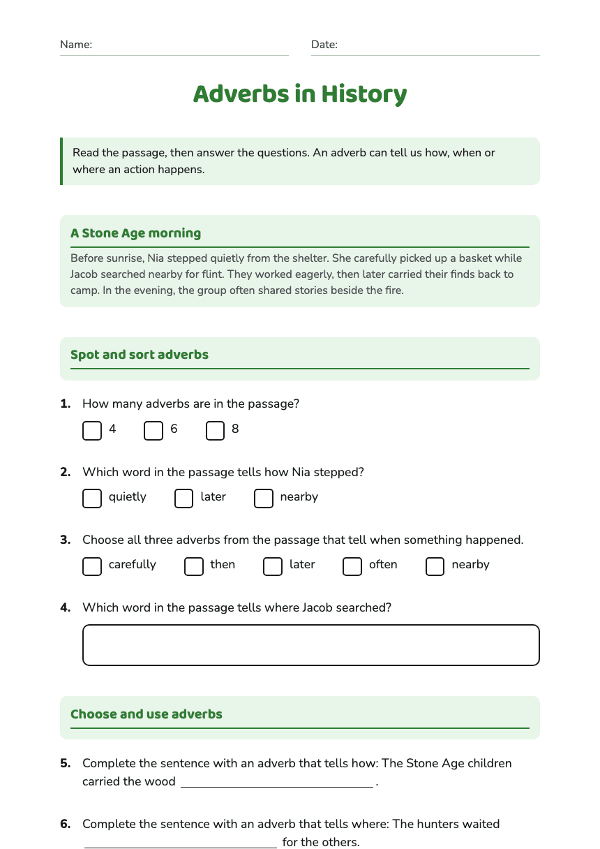 Adverbs in History worksheet preview