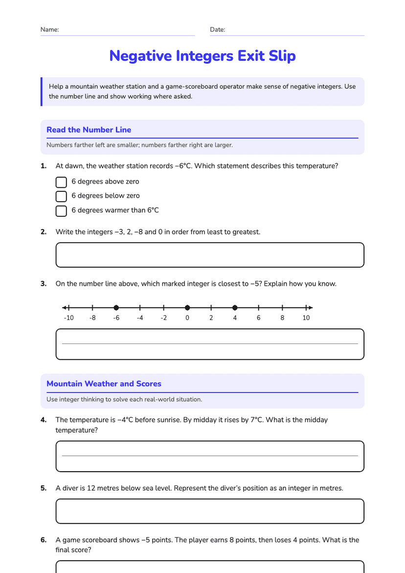Negative Integers Exit Slip
