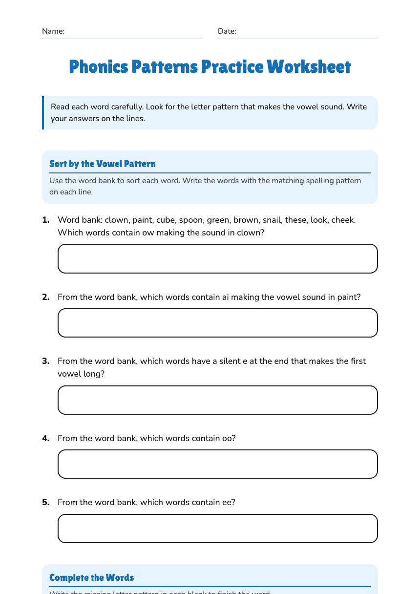 Phonics Patterns Practice Worksheet worksheet preview