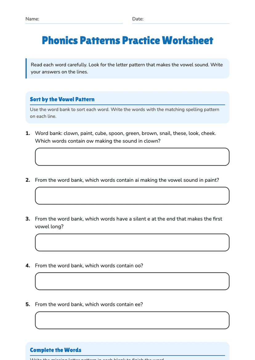 Phonics Patterns Practice Worksheet