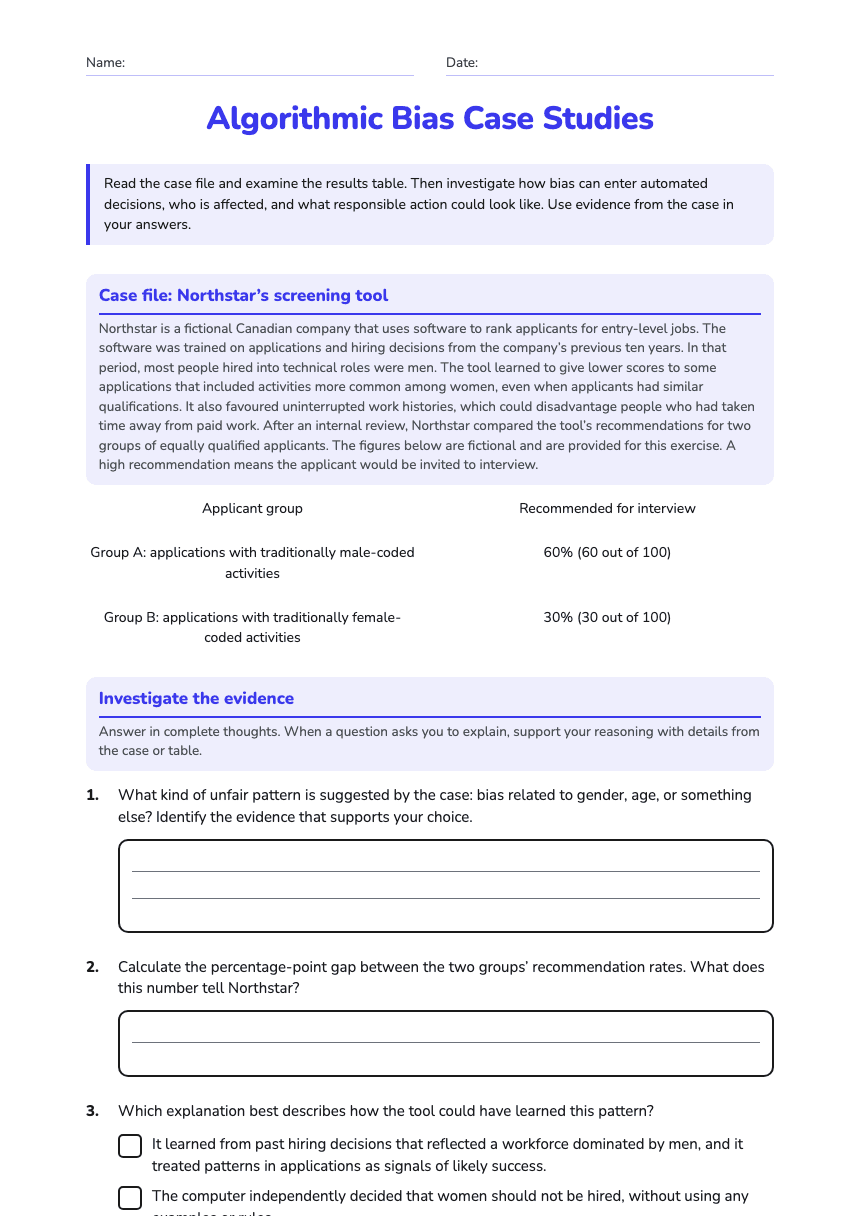 Algorithmic Bias Case Studies worksheet preview