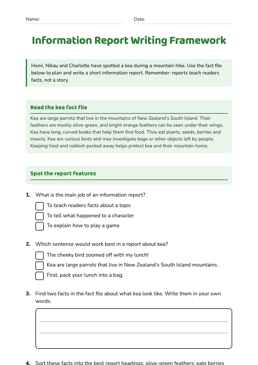 Information Report Writing Framework worksheet preview