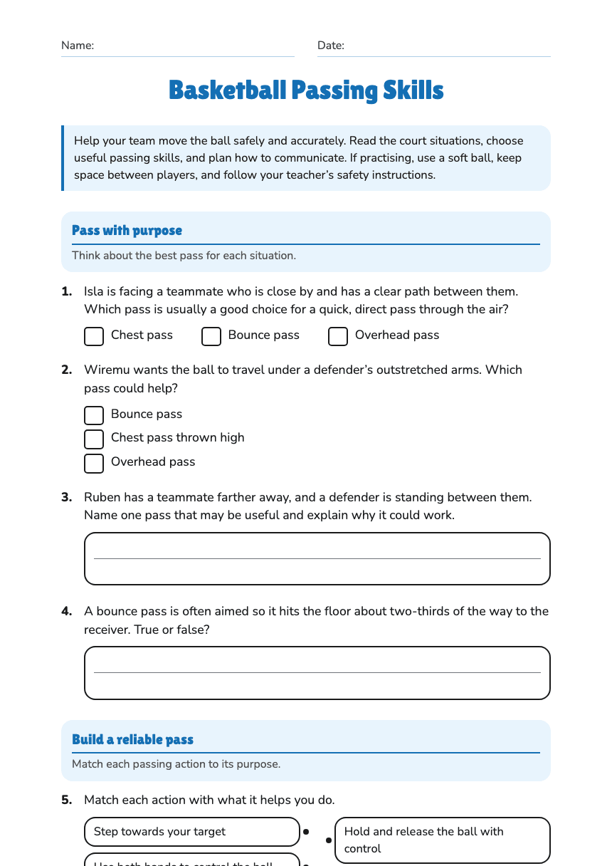 Basketball Passing Skills worksheet preview