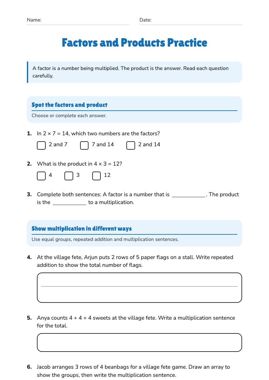 Factors and Products Practice worksheet preview