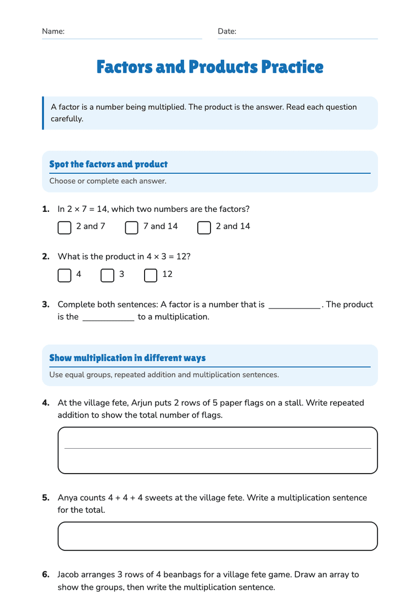 Factors and Products Practice