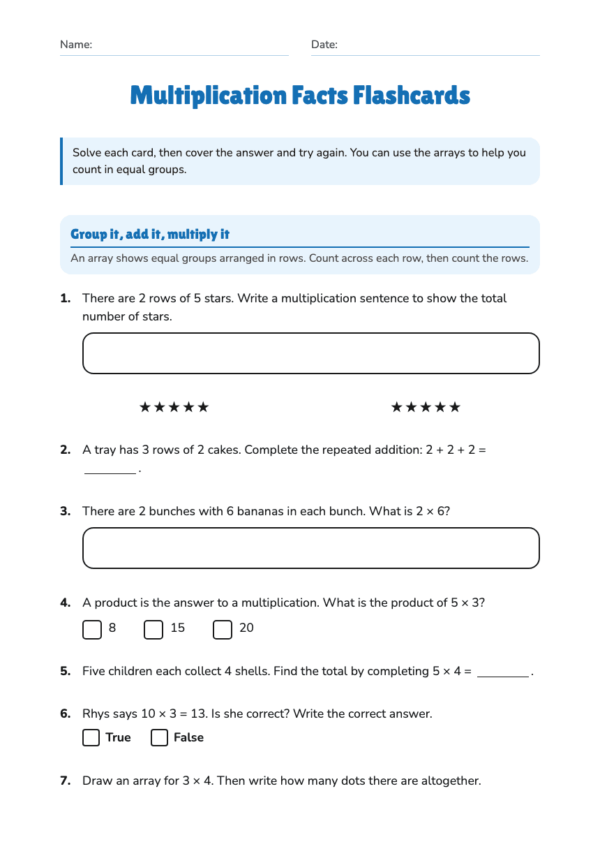 Multiplication Facts Flashcards worksheet preview
