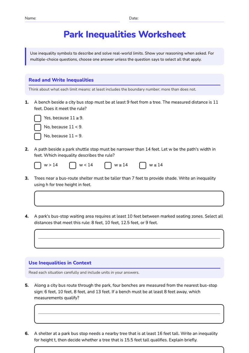 Park Inequalities Worksheet