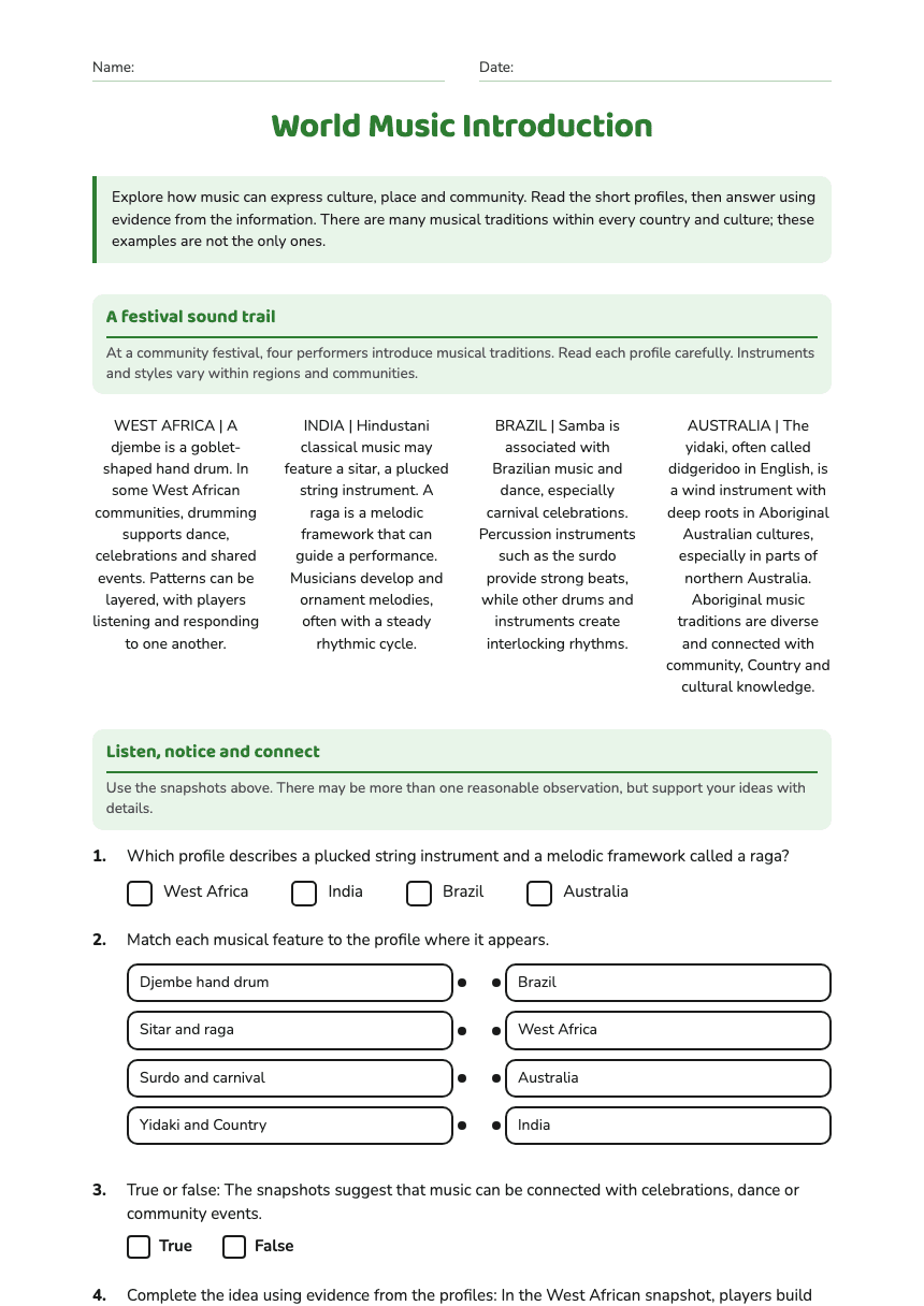 World Music Introduction worksheet preview