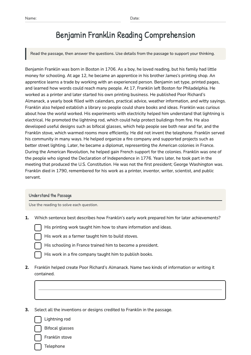 Benjamin Franklin Reading Comprehension worksheet preview