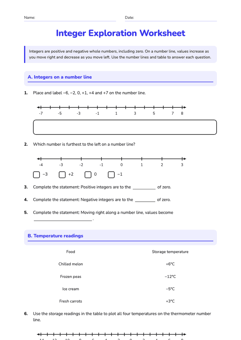 Integer Exploration Worksheet