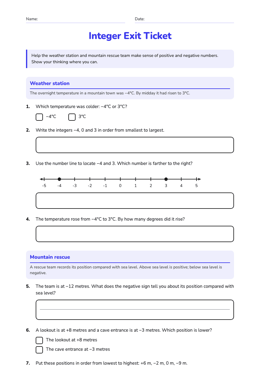 Integer Exit Ticket worksheet preview