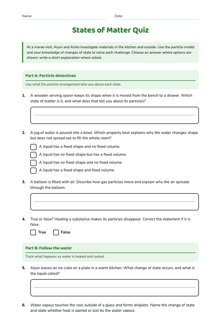 States of Matter Quiz worksheet preview