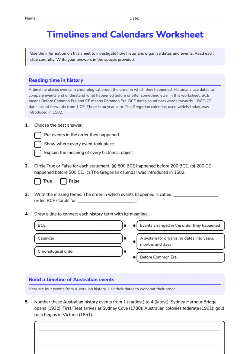 Timelines and Calendars Worksheet