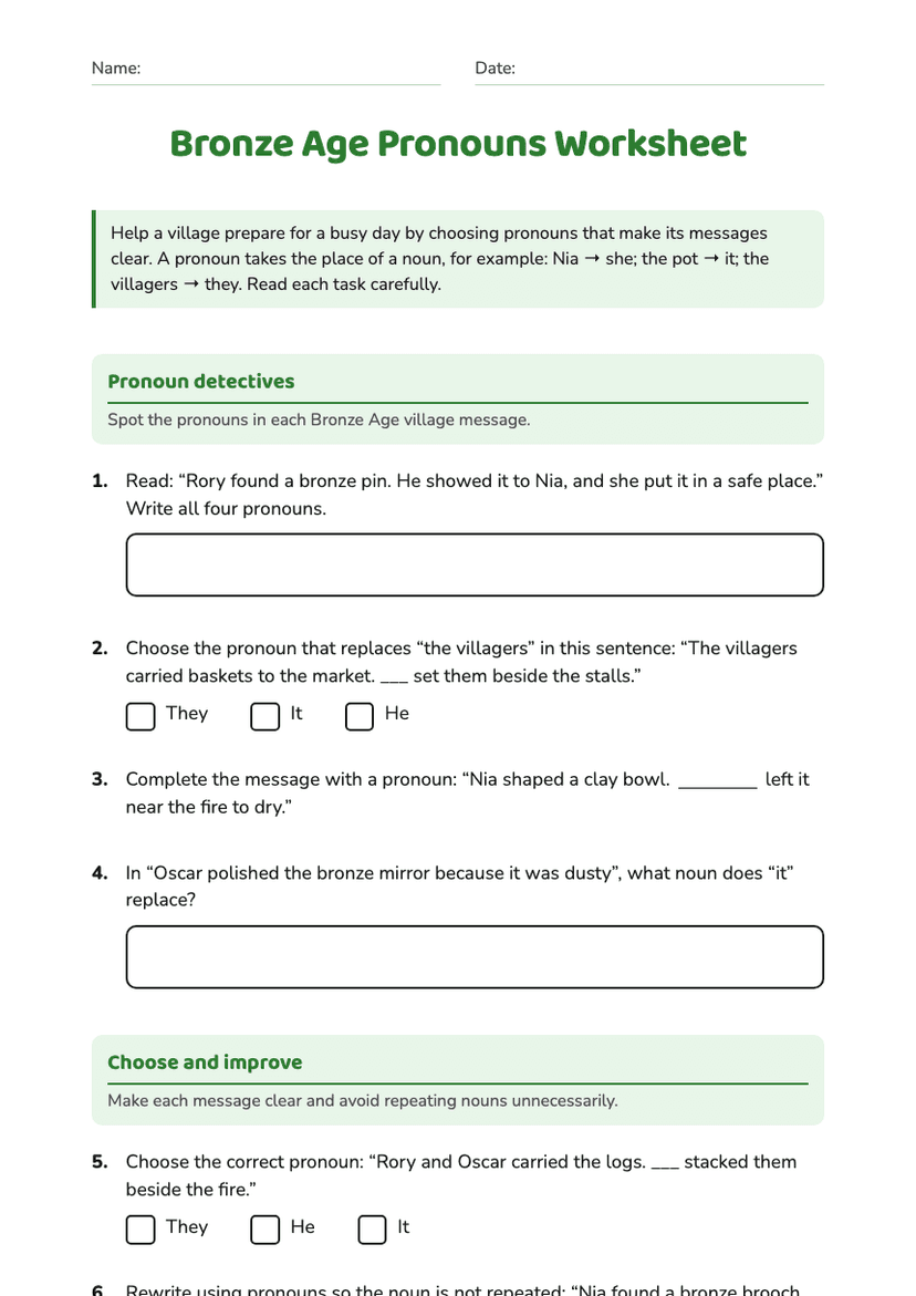 Bronze Age Pronouns Worksheet