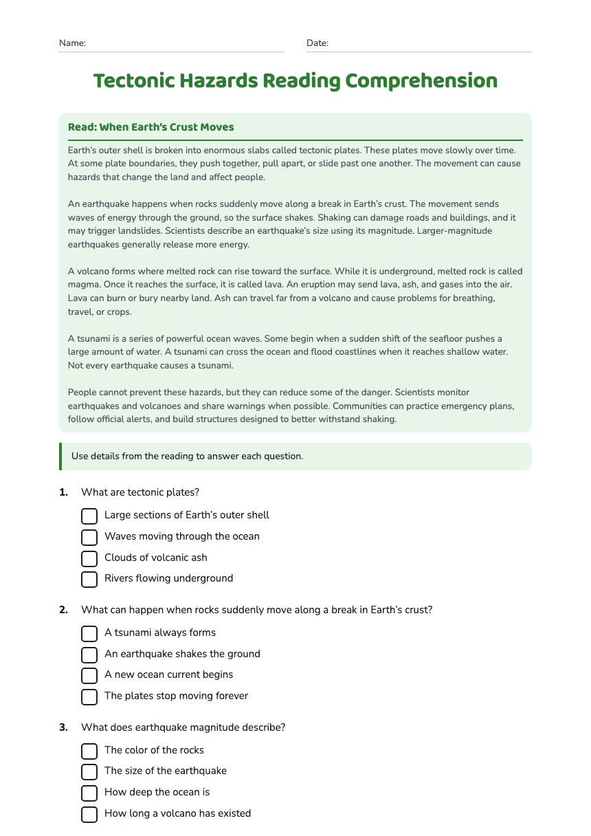 Tectonic Hazards Reading Comprehension worksheet preview