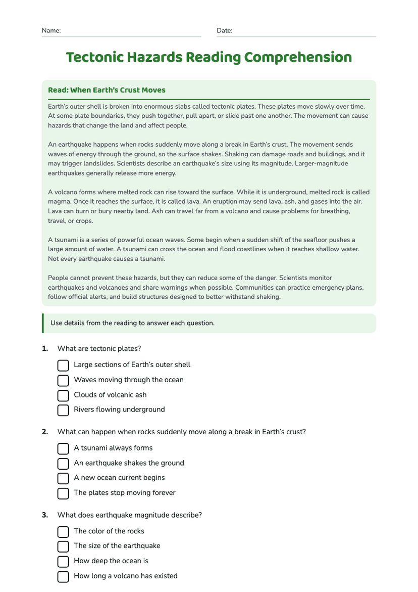 Tectonic Hazards Reading Comprehension