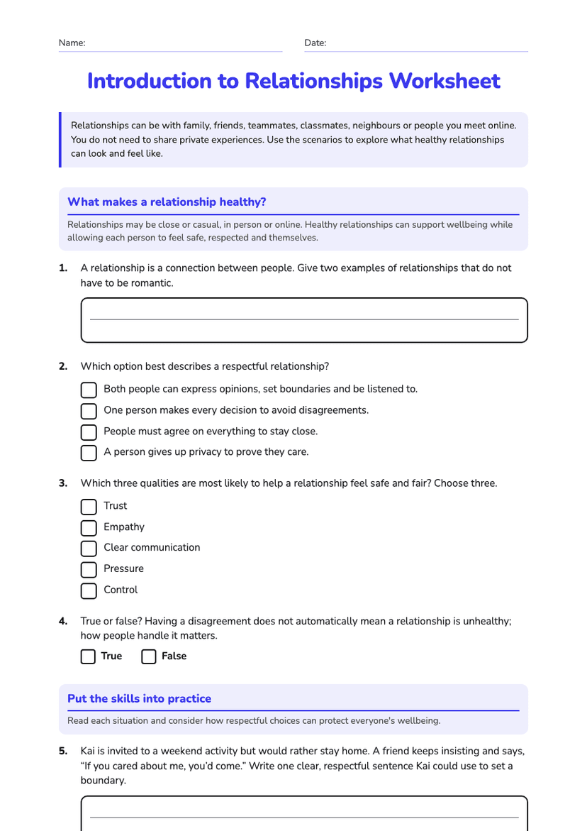 Introduction to Relationships Worksheet