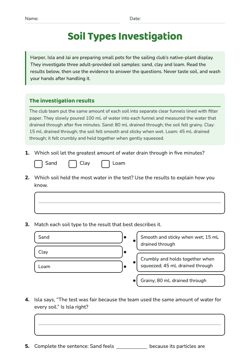 Soil Types Investigation worksheet preview