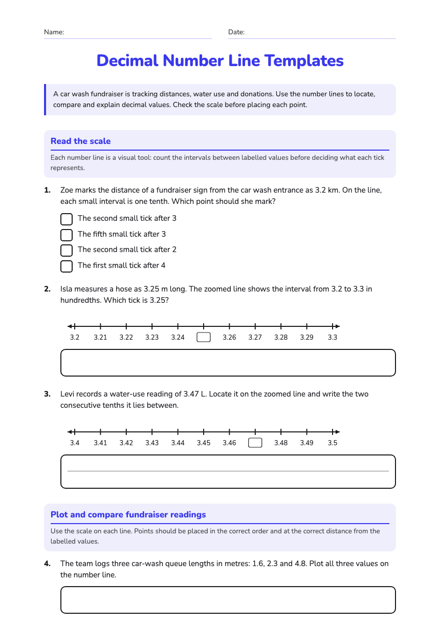 Decimal Number Line Templates worksheet preview