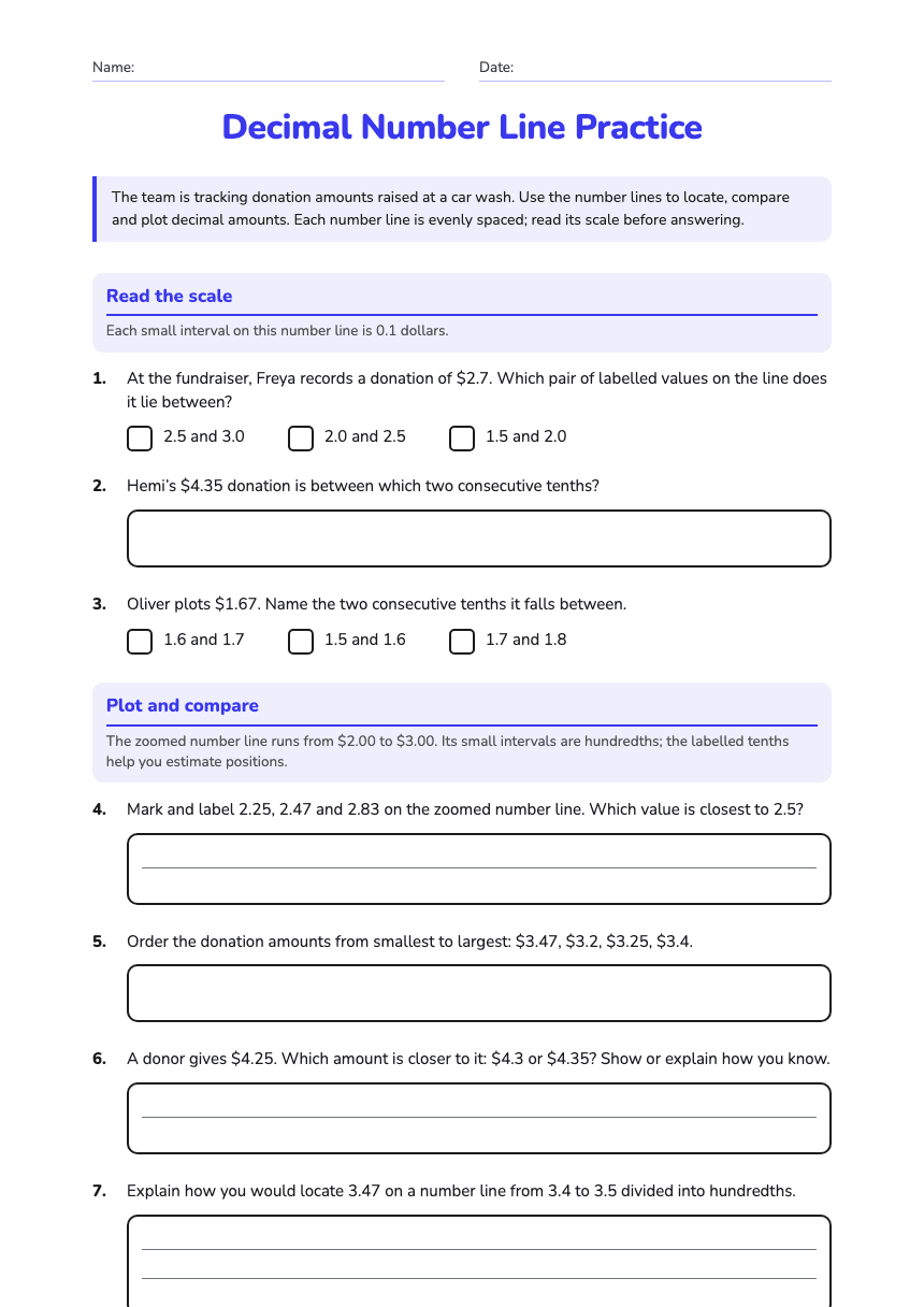Decimal Number Line Practice worksheet preview
