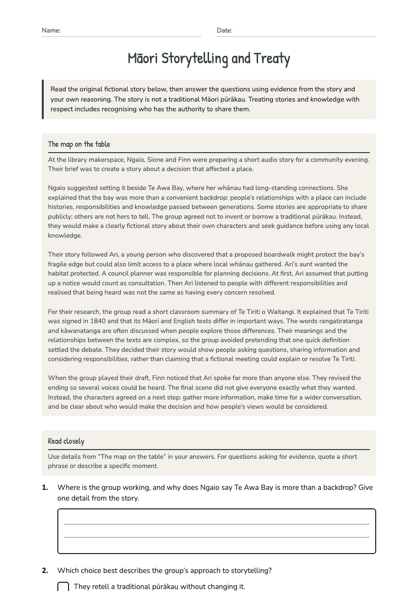 Māori Storytelling and Treaty worksheet preview