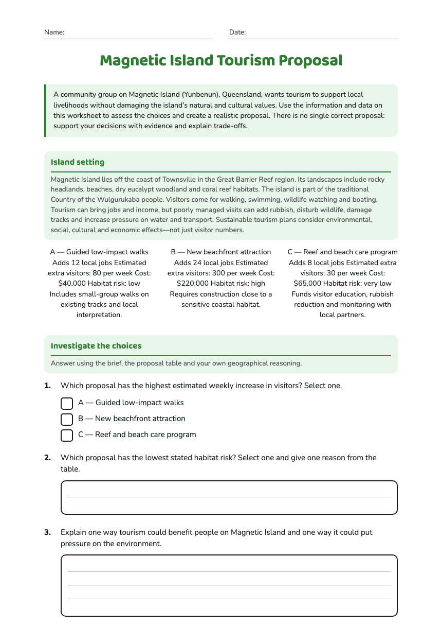 Magnetic Island Tourism Proposal worksheet preview